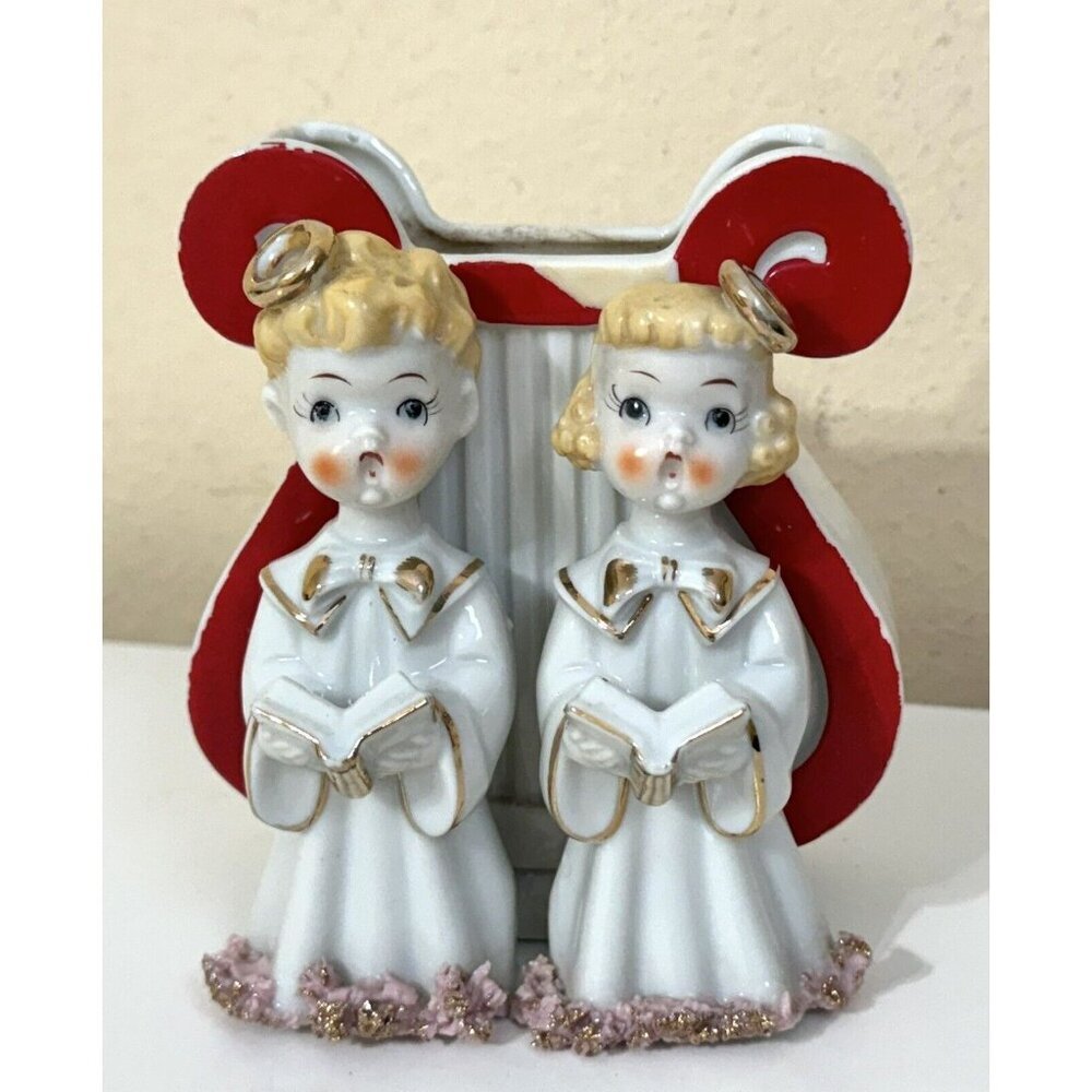 Pink Spaghetti Planter Christmas MCM Decor Boy Girl Angel Choir Sing Vintage - Picture 2 of 14